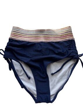 B High Waist Ruched Bikini Bottom S Navy Multicolor Chevron Mix Match Summer